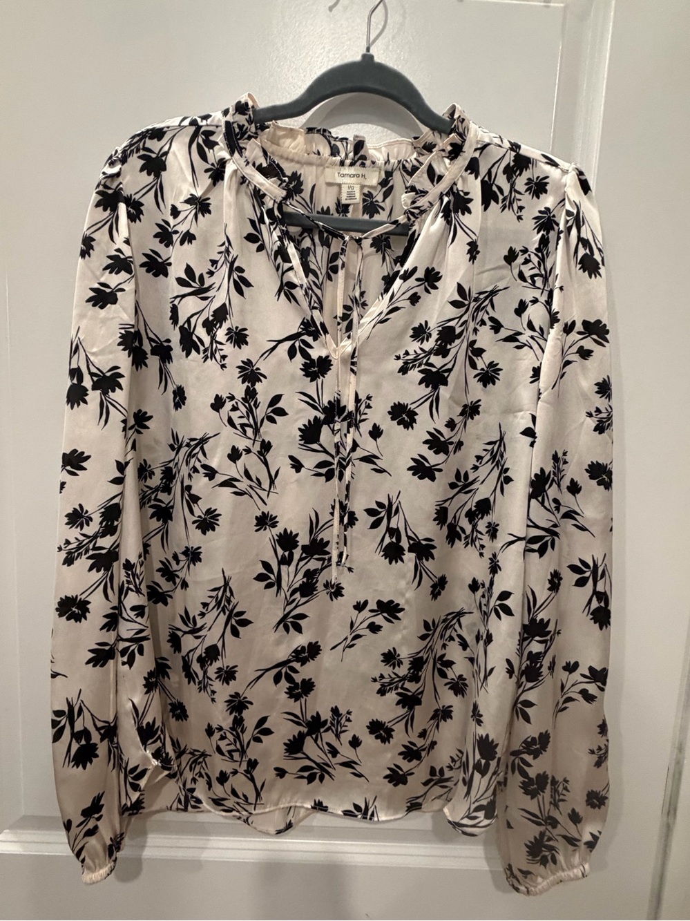 Ann Taylor Cream Blouse with Black Floral Print and Tie Neck